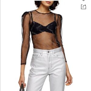 Topshop Crystal Embellished Sheer Mesh Top